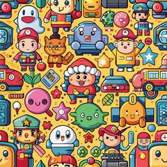 Seamless pattern of retro-inspired video game characters and icons, rendered in chunky pixel art style, Generative AI