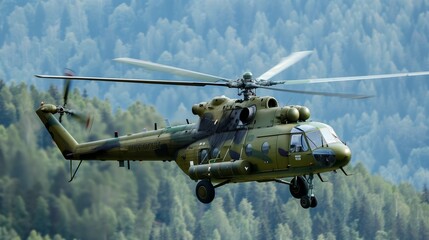 Olive green military helicopter patrolling a forested area, left side reserved for text.