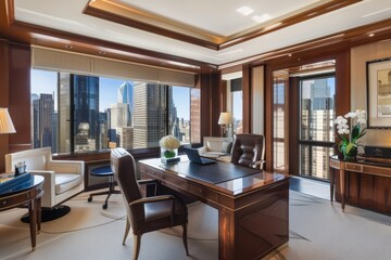 An elegant executive suite, with a work desk, comfortable seating, and a view of the city skyline, Generative AI