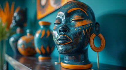 Obraz premium Artistic Interior with Vibrant Tribal Sculpture. Generative ai.