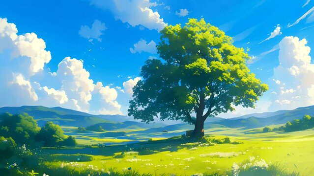 A tree in the meadow landscape under blue cloudy sky with view of mountains in the distance on bright sunny summer day. Seamless looping time-lapse video animation background