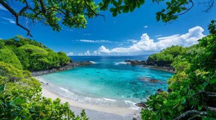 A hidden cove with turquoise water, white sand beach framed by lush vegetation, wide panoramic view