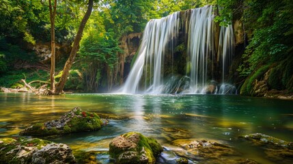 A multi-tiered waterfall cascading through a lush rainforest, panoramic view capturing its full grandeur
