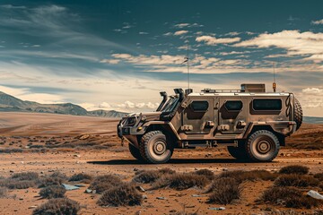 Fototapeta premium Platinum armored vehicle on a patrol in a conflict zone, left side for copy space.