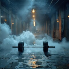 Iron barbells on a dark, smoky cinematic background, facilities in the gym for sports training function to increase bone density, shoulder muscles and also triceps