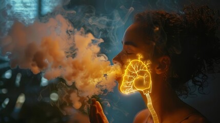 Intricate display of lung health with a glowing anatomical illustration as a woman breathes out smoke, aiming to raise health consciousness