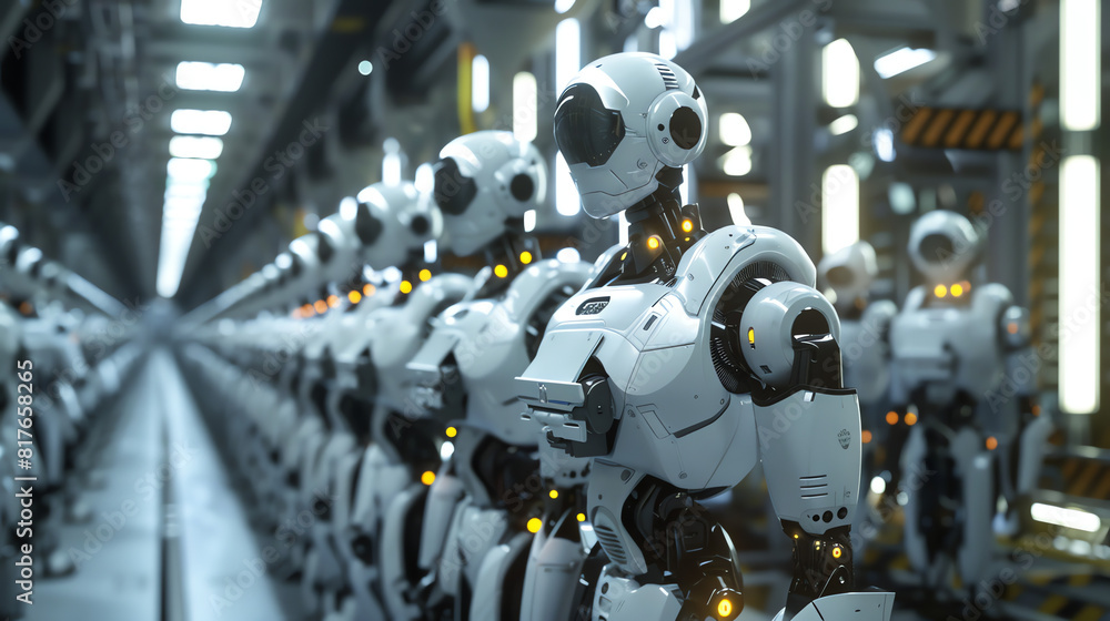 Poster robots lined up in a futuristic factory during the day