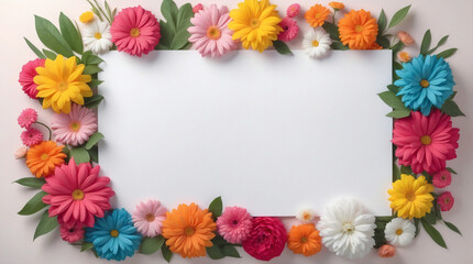 Fototapeta premium Gorgeous mock-up composition featuring a frame of flowers around a blank white sheet of paper in top view. Flower arrangement, blossoming plants, and writing space empty mockup background