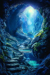 Obraz premium A mysterious cave entrance with rugged rock formations, dimly lit by natural sunlight filtering in from above, with a dark, deep interior