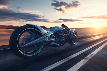 Sapphire motorcycle cruising on a desert highway at sunset, left side for text.
