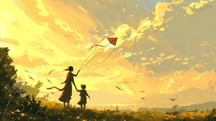 Obraz premium Sunset bonding A child and adult fly a kite among golden skies