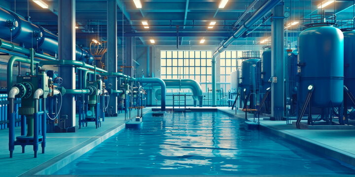 water purification plant, with pipes and machinery filtering out pollutants.
