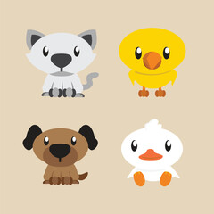 Cute illustration of Farm Animals Cats, Chicks, Dogs, and Ducks