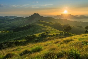 Golden Sunrise Over Rolling Green Hills