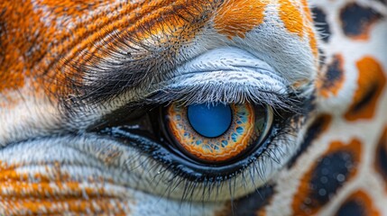 Detailed view of a giraffes eye showing its long eyelashes, dark pupils, and unique patterned iris in close proximity