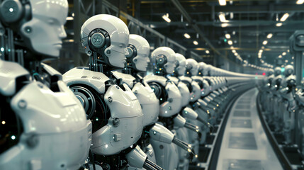 Line of humanoid robots in a futuristic factory setting during the day