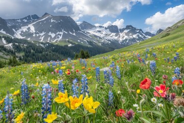Fototapeta premium Vibrant Wildflower Meadow with Mountain Backdrop