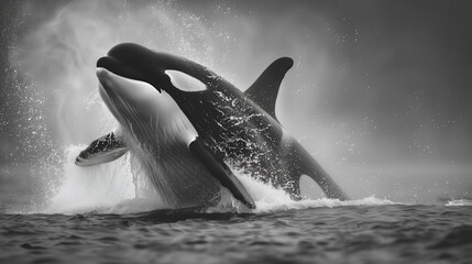A killer whale breaching the surface of the ocean in a powerful display of strength