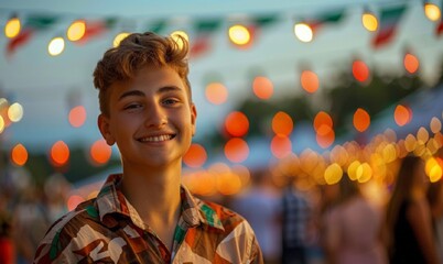 A young  smiling man on the background of the Belarus  flag. Happy Belarus Independence Day. Greeting card, banner, poster, flyer.