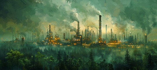 Futuristic green oil production plant emitting white smoke amid a lush forest