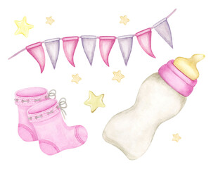 A set of baby bottles and pacifiers, booties, little socks. Watercolor illustration clipart on white isolated background. Drawing children's things in blue and pink. Milk and mannequin painting for