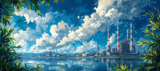 Industrial landscape with lush greenery and smoking chimneys contrasting environmental impact