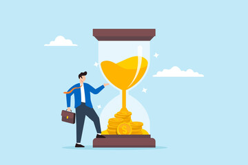 Flat illustration of businessman standing by coins in hourglass time is money investments value