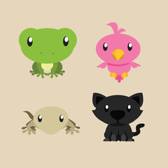 Cute illustration of Frogs, Birds, Lizards and Black Cats