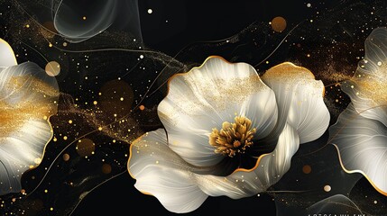 White and shiny golden light texture flower on black background. Modern art mural wallpaper illustration.