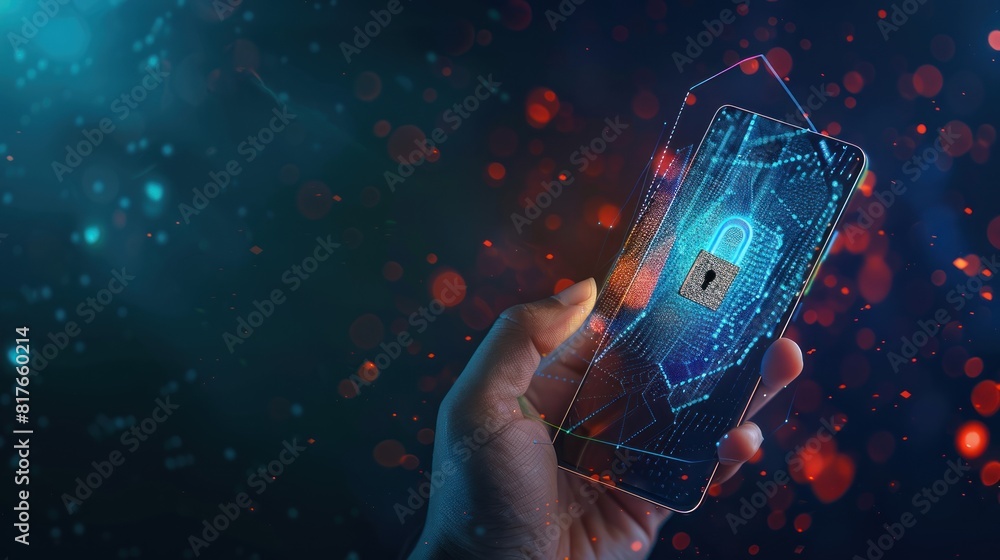 Poster smart phone with padlock hologram ,cyber security concept. security data