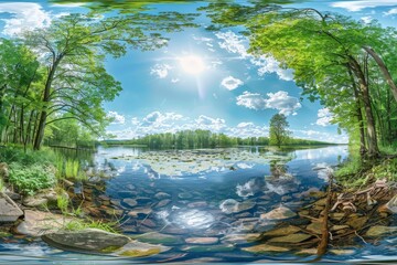 360 degree HDRI panorama on the edge of a river in a sunny deciduous forest perfect for AR and VR