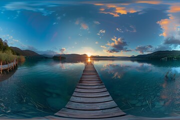 Obraz premium 360 degree HDRI panorama on wooden pier by lake at dusk in VR content