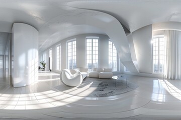 360 degree view of modern white loft apartment interior with equirectangular projection for VR and AR experiences