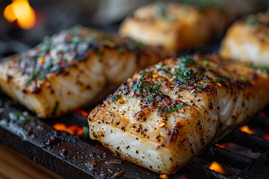 Halibut fish fillet sizzling on a grill, appealing to cooking enthusiasts. 