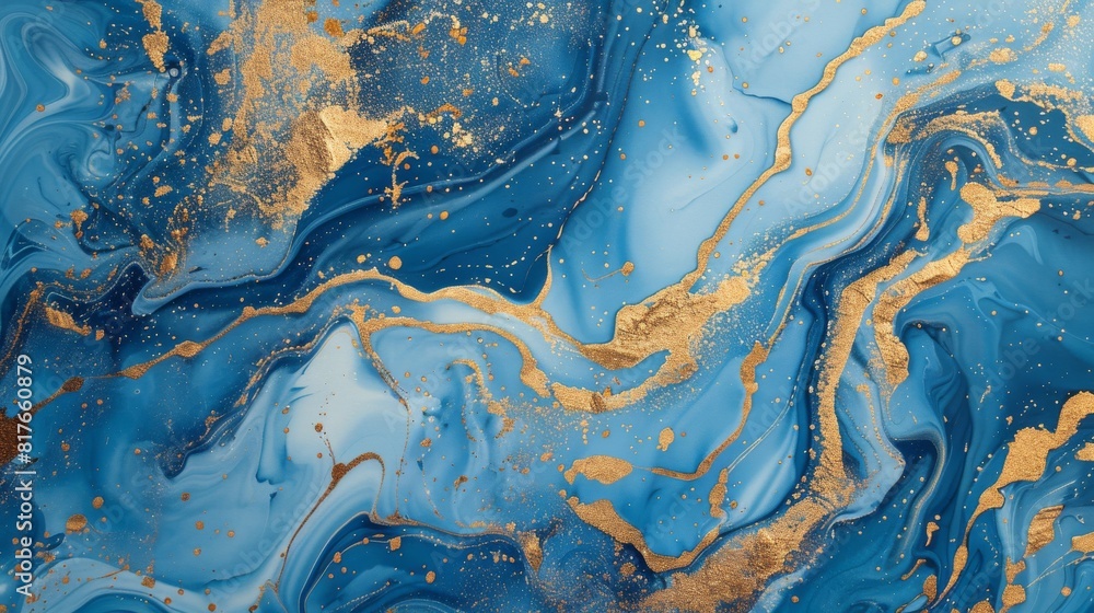 Poster luxurious abstract image showcasing a blue and gold marble pattern, likely created using fluid art t