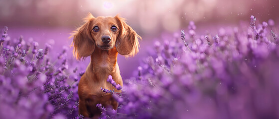 A small Dachshund standing in the middle of a purple lavender field