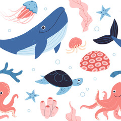 Obraz premium Sea animals, fish, whale, jellyfish, shell, coral and seaweed, crab, starfish. Seamless pattern of hand drawn sea life creatures and elements. Vector doodle cartoon set of marine life objects.