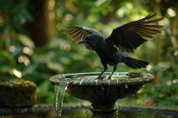 Fototapeta premium A large dark bird perches on the birdbath