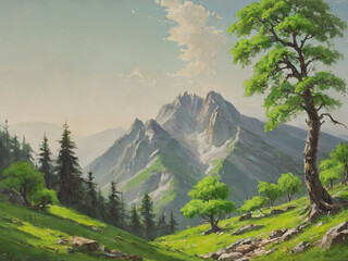 Mountain landscape with green trees art style ai generate