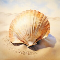 a seashell on the sand. The shell is open, and the inside is visible. The shell is white and brown, and the sand is tan.