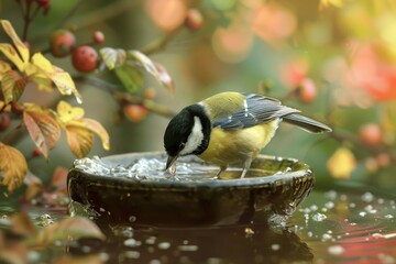 A parus major drinks water from a bird bath