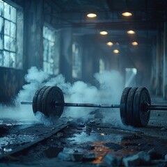 Iron barbells on a dark, smoky cinematic background, facilities in the gym for sports training function to increase bone density, shoulder muscles and also triceps