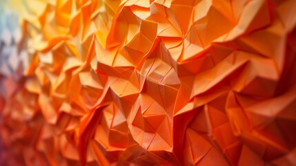 Abstract origami artwork made of folded orange paper blocks.