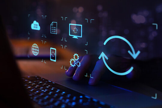 update or synchronization concept, software upgrade icon on virtual screen
