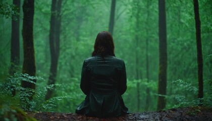 woman in a forest during rain, peacefully sitting, calm girl in nature, inner peace and mindfulness - Powered by Adobe