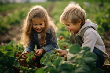 Happy Siblings Harvesting Strawberries Together at Dusk
