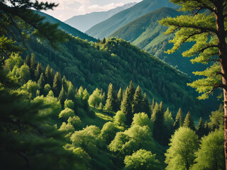 Mountain landscape with green trees from top view
