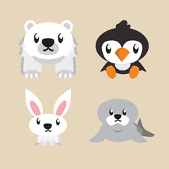 Fototapeta premium Cute illustration Antarctic Animals Polar Bears, Penguins, White Rabbits, and Seals