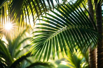 Fototapeta premium Sunlight and Palm Leaves Shadow on a Green Backdrop. Wellness, Spa and Harmony Concept Image. Soft Green Background with Palm Leaf Shadows.