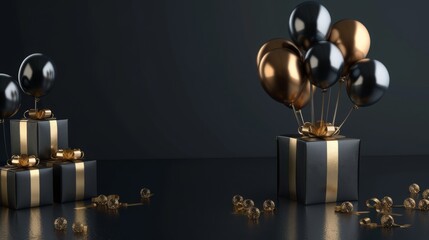 Elegant Black Gold Gift Box with Balloons and Ribbon on Black Background